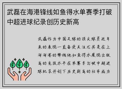 武磊在海港锋线如鱼得水单赛季打破中超进球纪录创历史新高 武磊在海港锋线如鱼得水单赛季打破中超进球纪录创历史新高